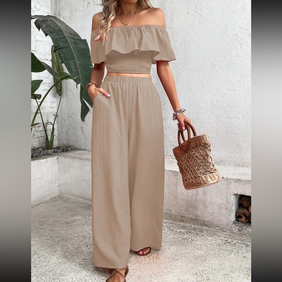 Boho off shoulder crop top and wide leg pants
